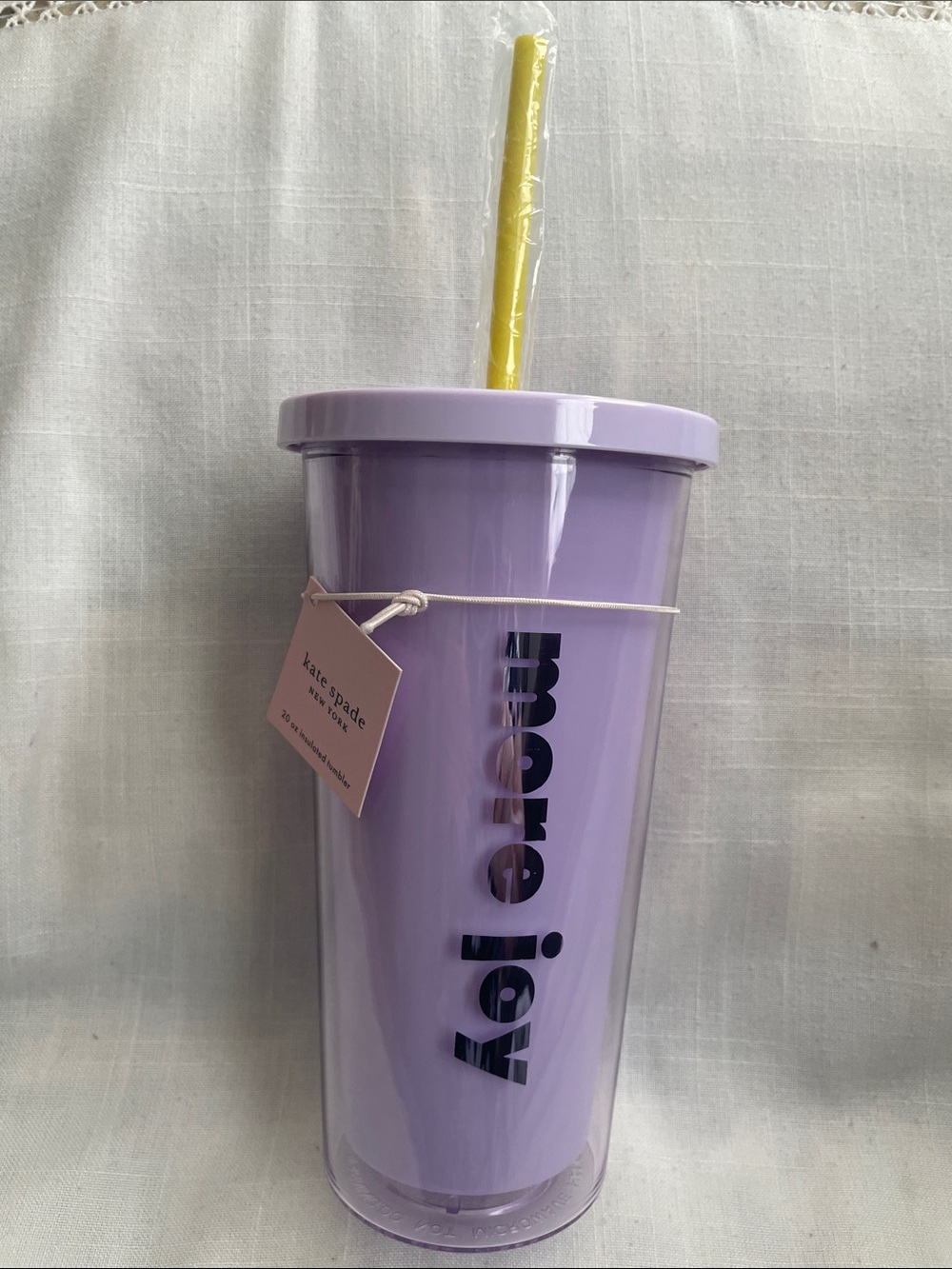 kate spade lavender tumbler with yellow straw and "more joy" text NWT